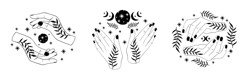 black-work drawings of hands with tattoos holding moons