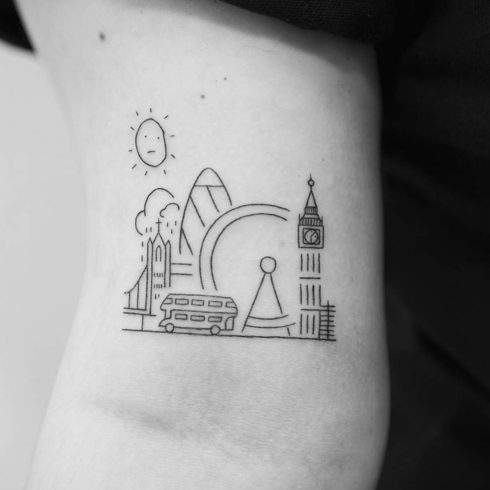 Fine line tattoo of the London skyline by Dave Stone