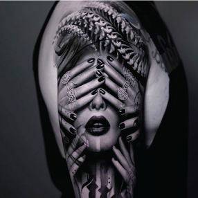Black ink realism tattoo of a woman's face with her eyes being covered by hands